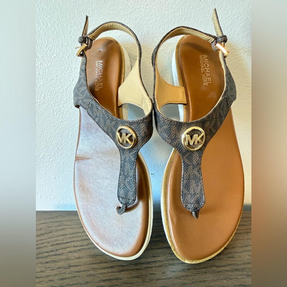 Michael Kors Brown and Tan MK Logo T-Strap Sandals